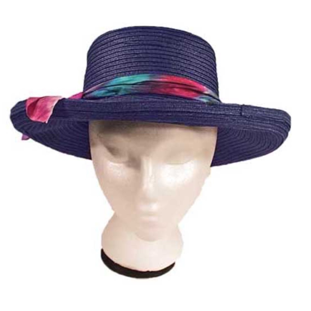 WIDE BRIM HAT, NAVY, SIZE MEDIUM, MULTICOLOUR SILK HAT BAND, GLORIA VANDERBILT,